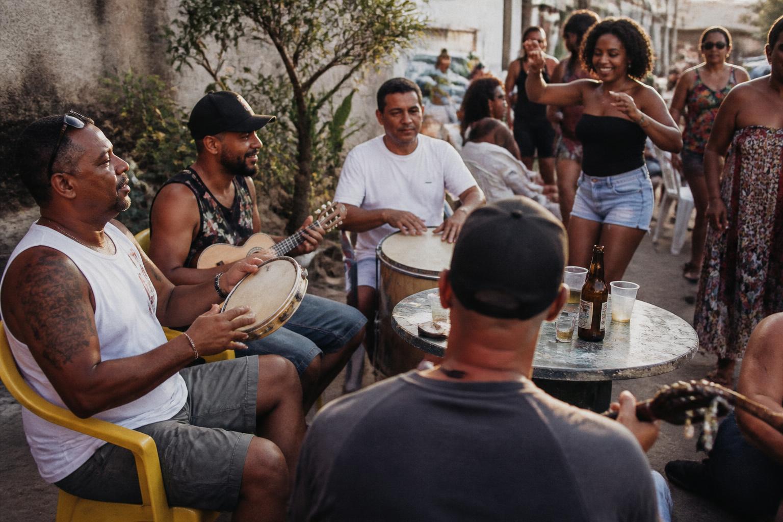 Roda de samba em uma calçada de Belo Horizonte, com músicos e vizinhos dançando